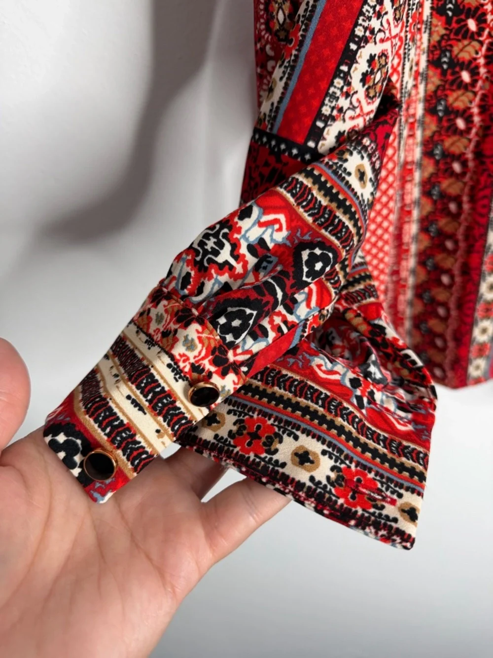 LOFT Red Multi-Pattern Long Sleeve Mock Neck Blouse
